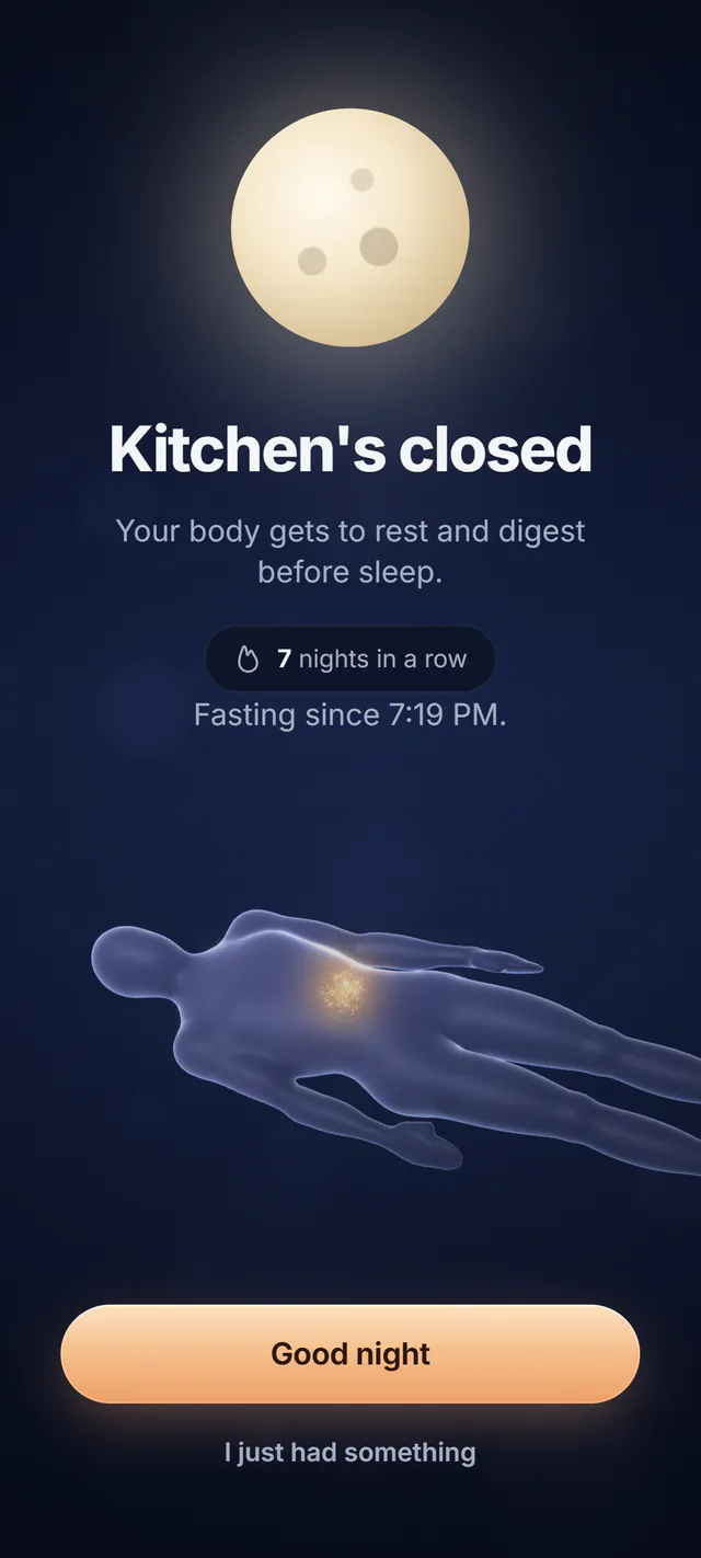 The Kitchen's closed screen: a moon, the words 7 nights in a row, and a resting 3D body.
