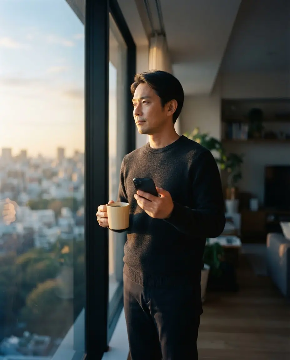 A man stands by a tall window at sunrise, holding a mug and a phone.