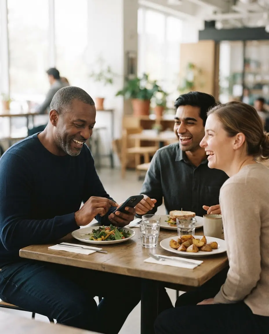 Three friends laugh at a cafe table over lunch while one of them checks a phone.